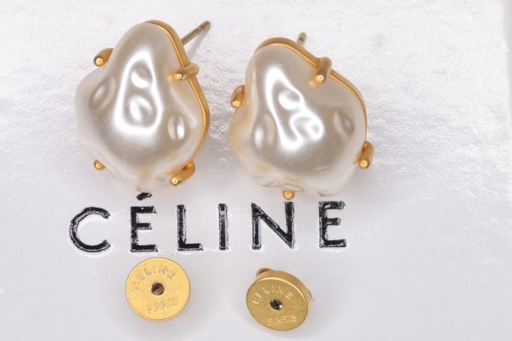 CELINE Les Perles Baroque Pearl Stud Earrings Gold Finish With Box